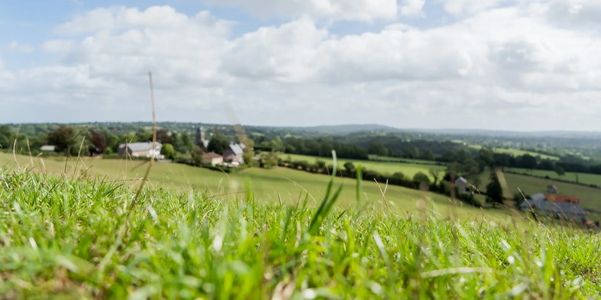 Champ vert avec des maisons et des collines à l'horizon sous un ciel bleu avec des nuages blancs
