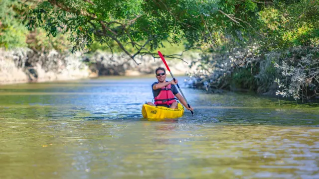 Person kayaking in a yellow kayak on a river surrounded by trees