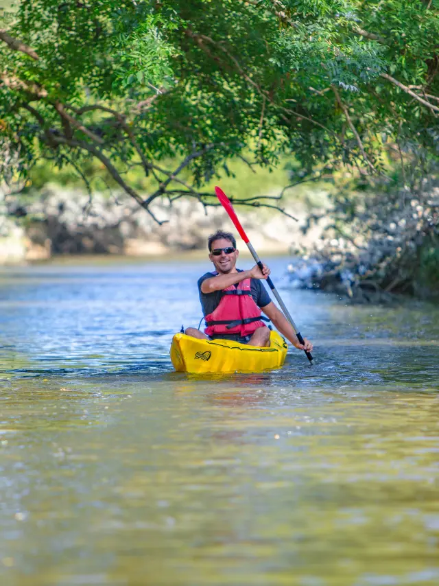 Personne en kayak jaune sur une rivière entourée d'arbres sur la Sienne