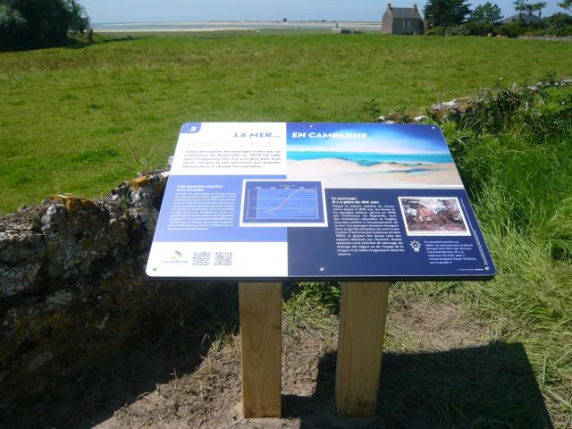 Outdoor information board with texts and images about the sea