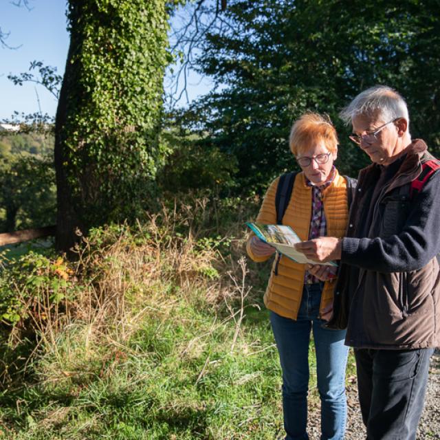 Two people hiking are consulting a map near a country path
