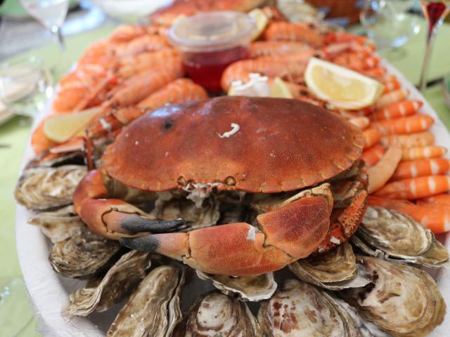 Assiette de fruits de mer avec des crabes, des crevettes et des huîtres