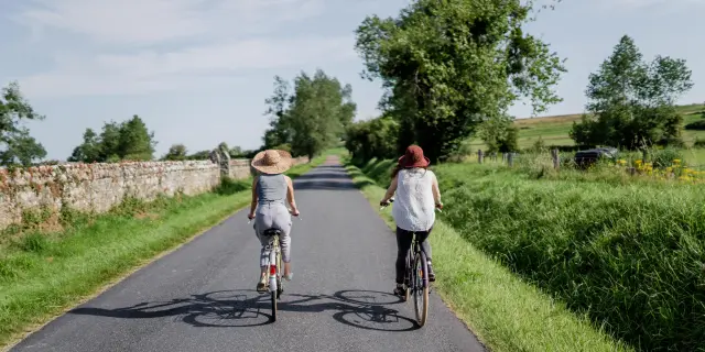 Two people cycling on a country road surrounded by greenery