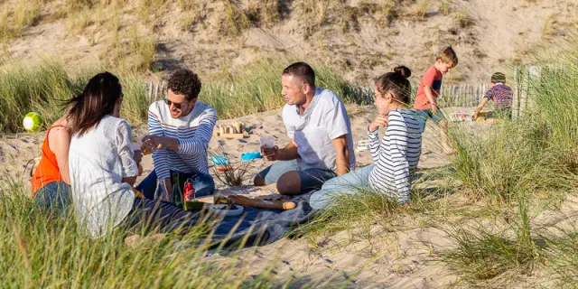 Un groupe de personnes pique-niquant sur une plage de sable