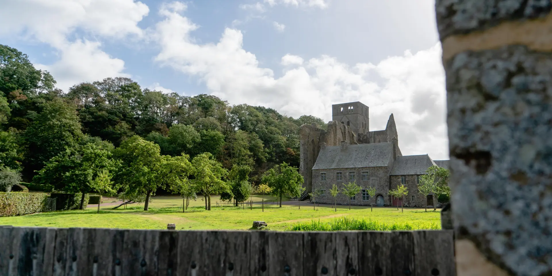 l'abbaye de Hambye entourée d'arbres et de verdure