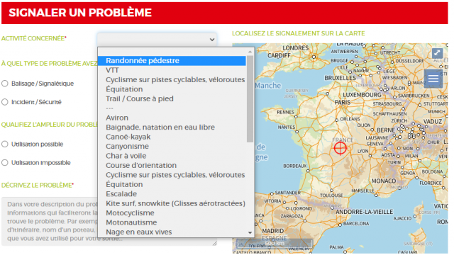 Formulaire de signalement de problème pour la randonnée pédestre