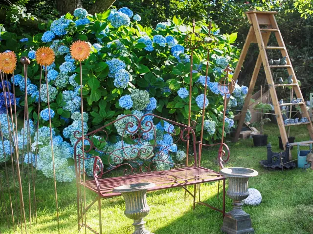 Un banc en fer forgé dans un jardin avec des fleurs bleues : A propos de Jardin au chateau de Gratot