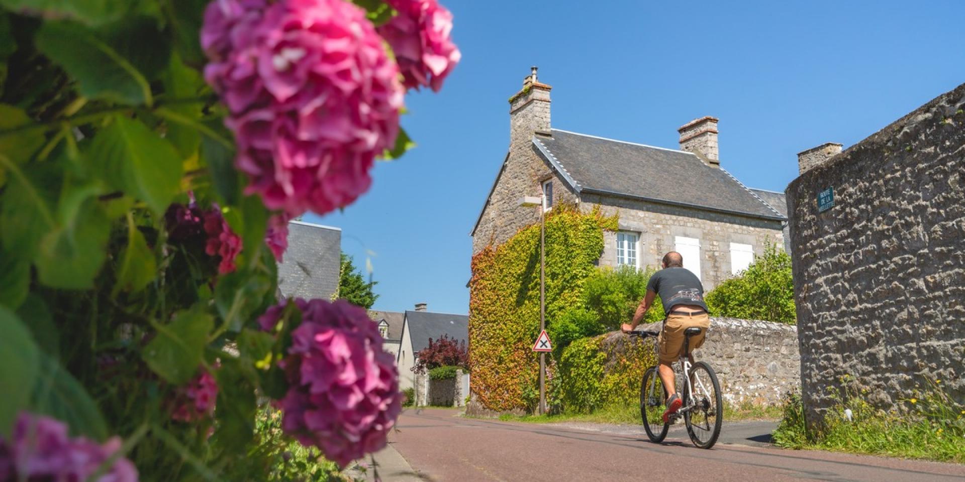 A cyclist rides on a village road surrounded by pink flowers and stone houses