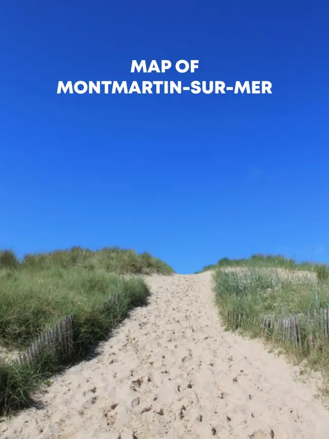 Sandy path leading to a beach with grass on both sides