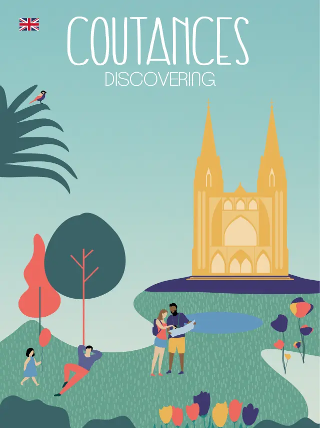 Coutances Cathedral with people walking around