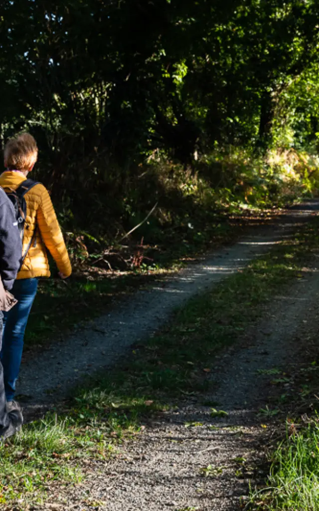 Deux personnes marchant sur un sentier bocager : randonnée à Coutances mer et bocage