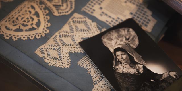Antique lace and a black and white photograph of a woman