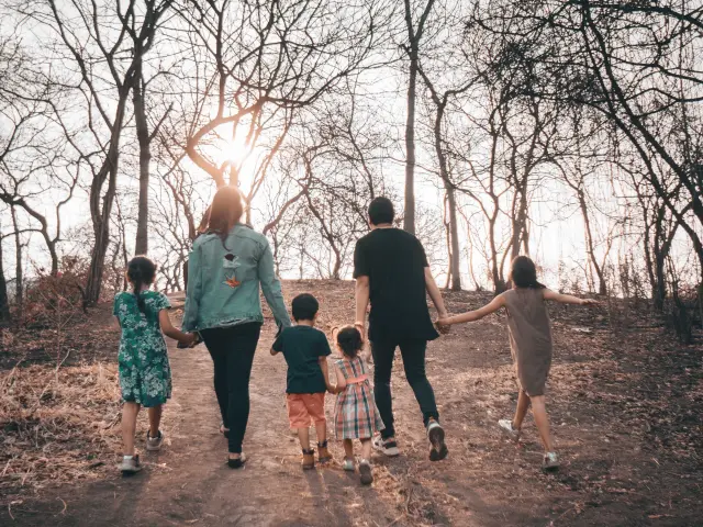 Une famille marche main dans la main dans une forêt en automne
