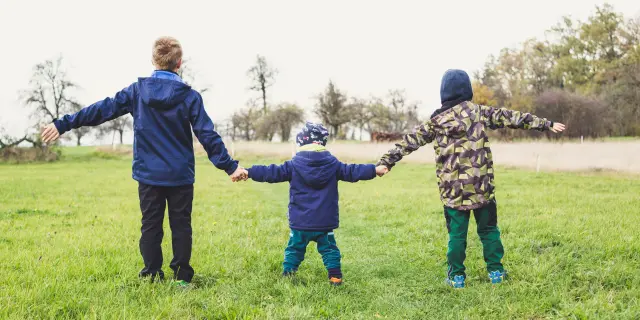 Trois enfants se tiennent par la main dans un champ