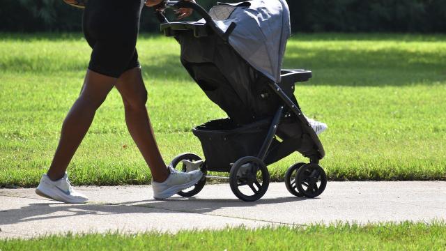 Une personne pousse une poussette sur un chemin de terre