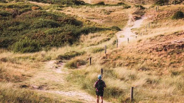 Personne marchant sur un sentier dans les dunes près de la mer à Blainville-sur-Mer