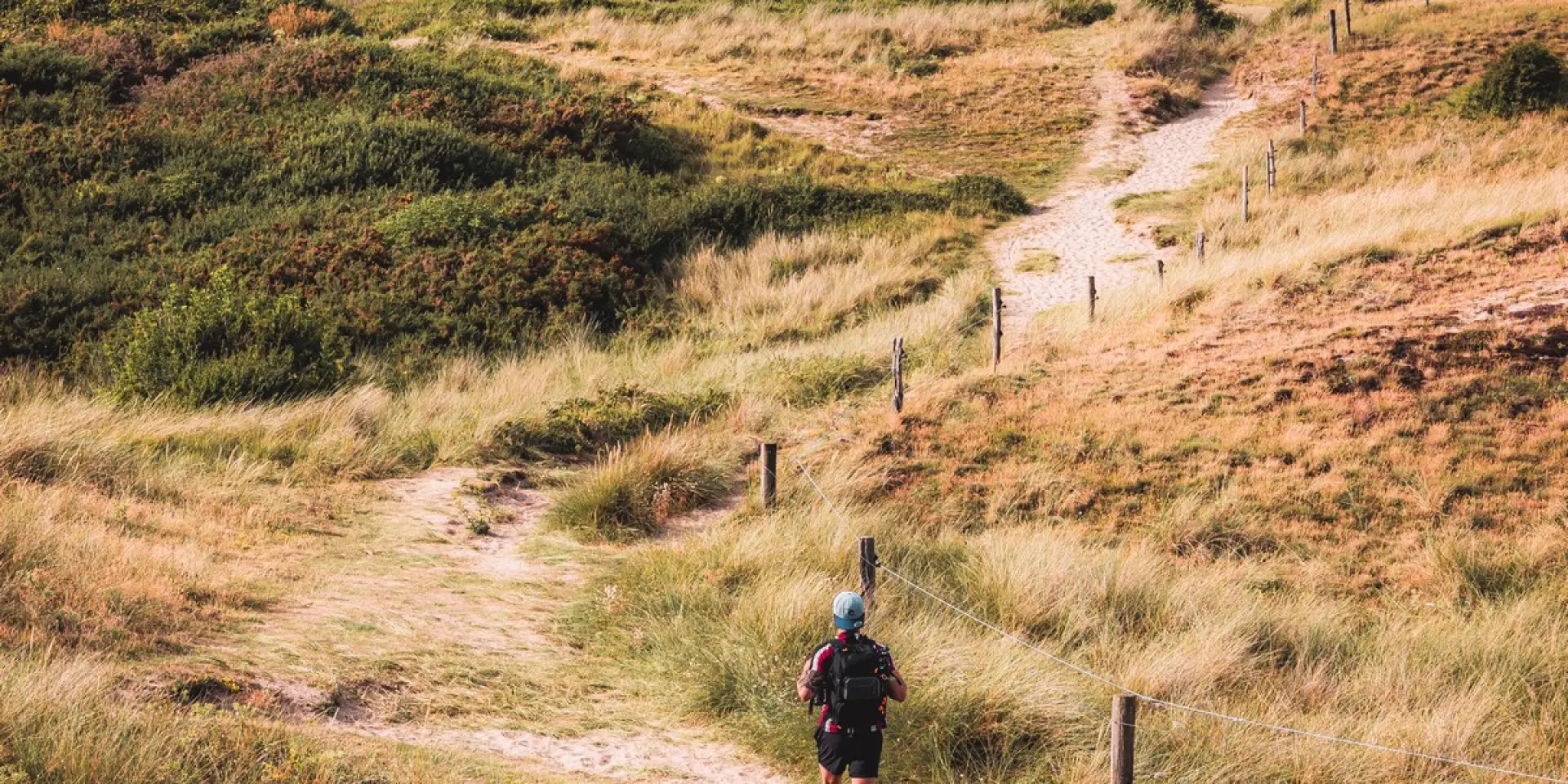 Person geht auf einem Weg durch die Dünen in der Nähe des Meeres