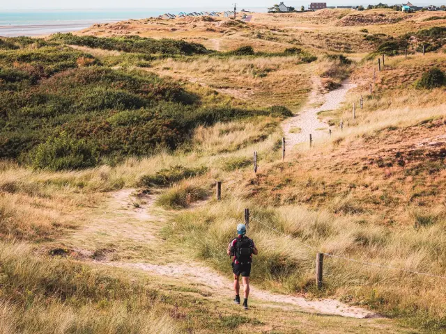 Person walking on a path through the dunes near the sea