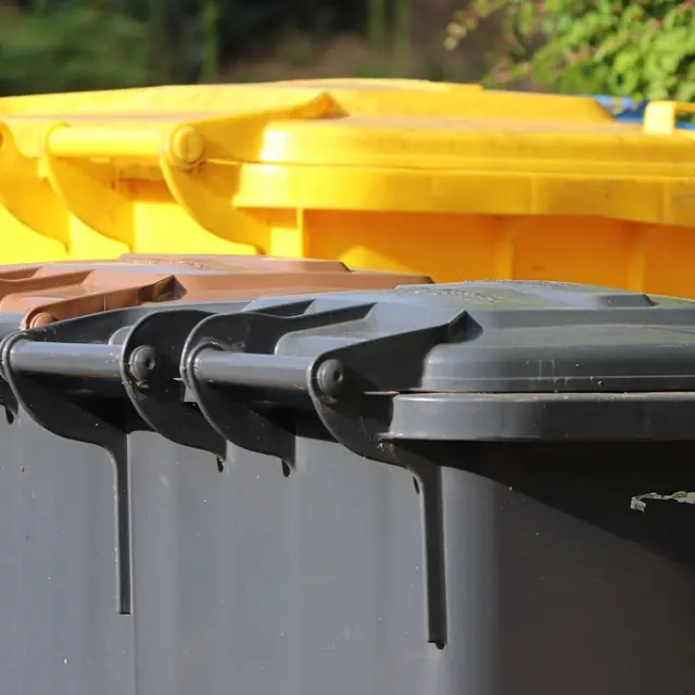 Poubelles de tri jaune et noir alignées