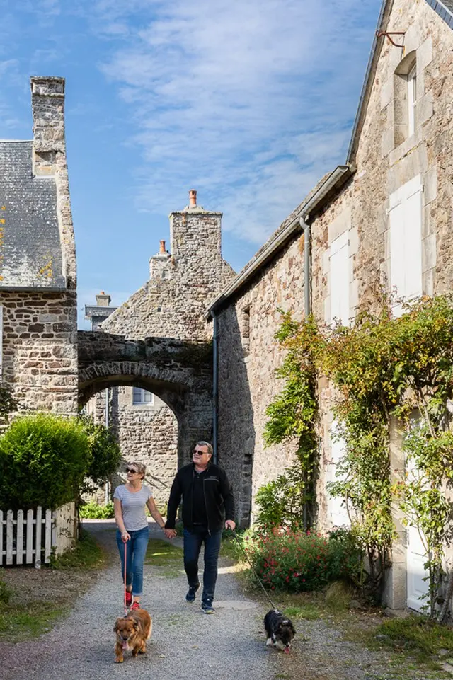 Two people walking with two dogs in an alley between stone buildings
