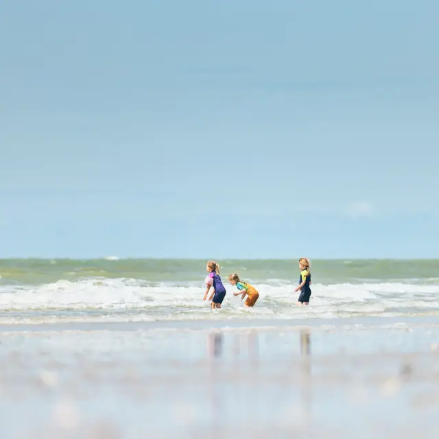 Three children playing in the waves on a beach