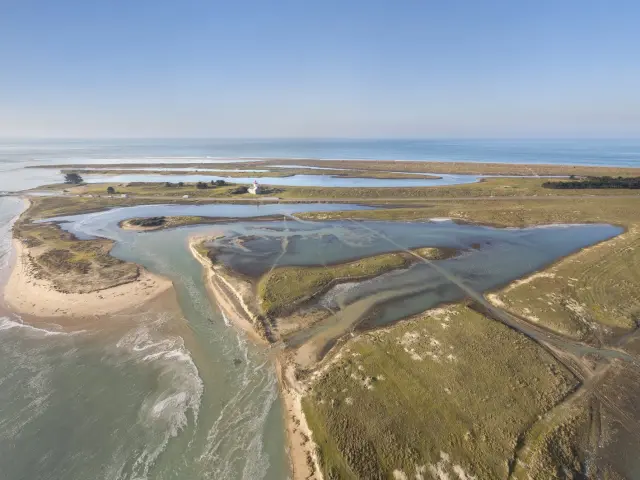 Aerial view of a coast with stretches of water and sand