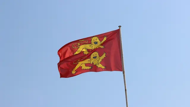 Drapeau rouge avec trois lions dorés et une couronne