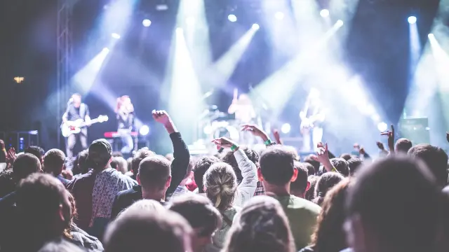 Foule enthousiaste lors d'un concert avec des musiciens sur scène