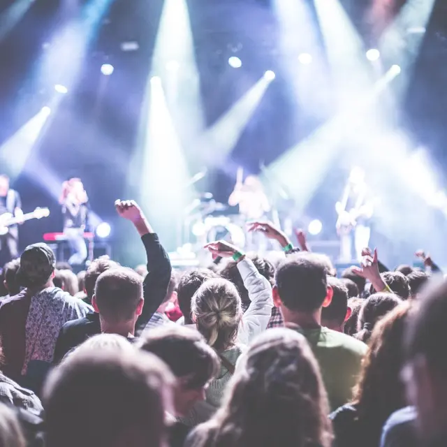 Foule enthousiaste lors d'un concert avec des musiciens sur scène