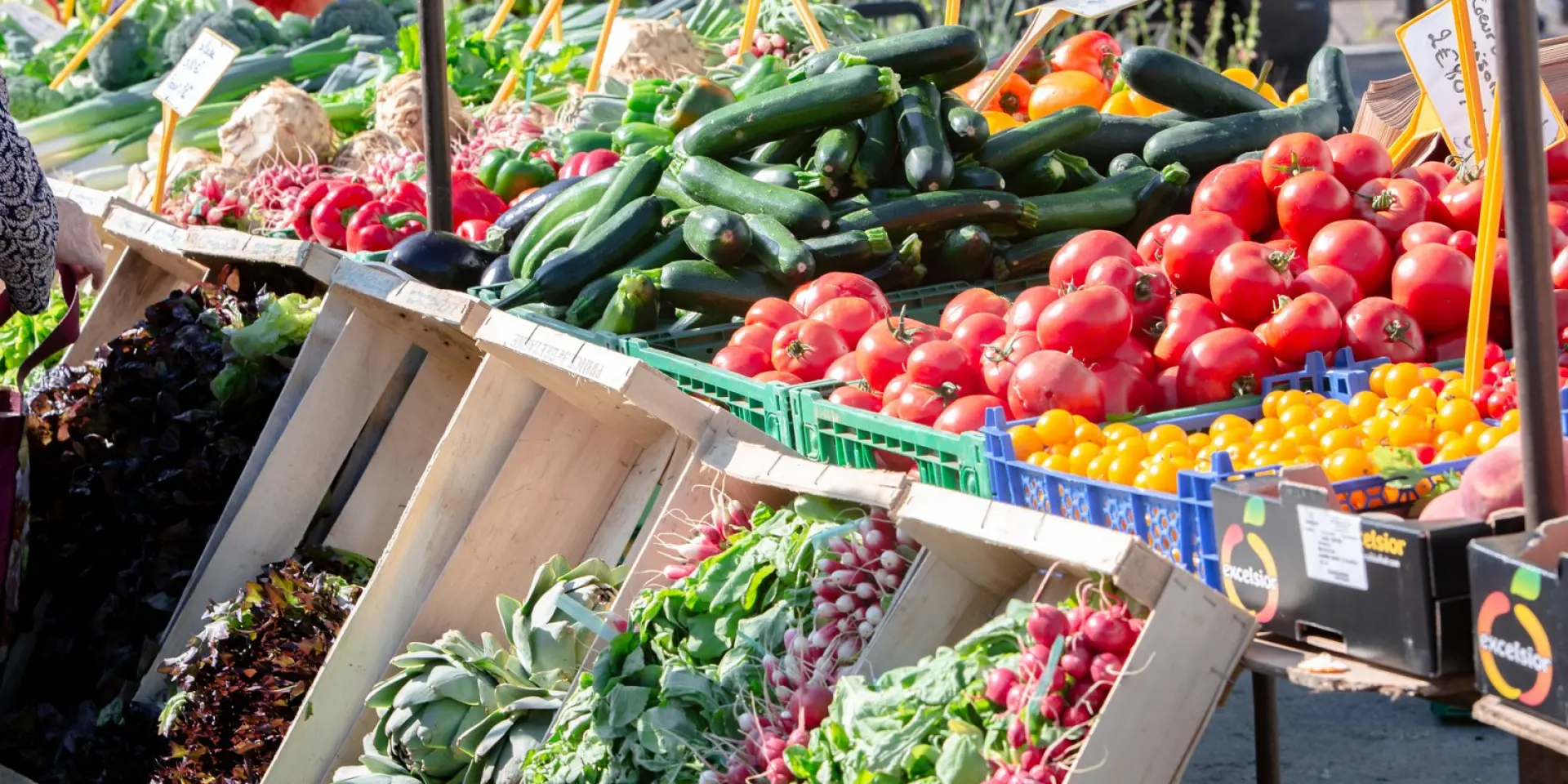 Étals de marché remplis de divers légumes frais à Gavray sur Sienne