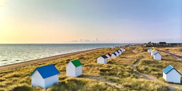 Colorful beach huts lined up on a grassy dune facing the sea