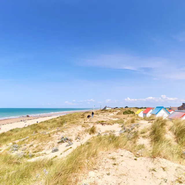 Sandy beach with colorful beach huts and the ocean in the background