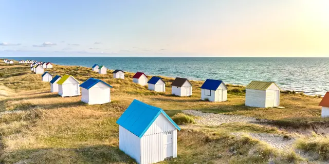 Colorful beach huts lined up on a dune facing the ocean
