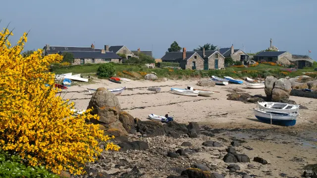 Coastal village with boats on the beach and houses in the background
