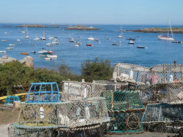 Filets de pêche empilés près d'un port avec des bateaux en arrière-plan à Chausey