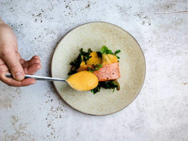 Plate with a dish consisting of fish, sweet potato puree, and green vegetables