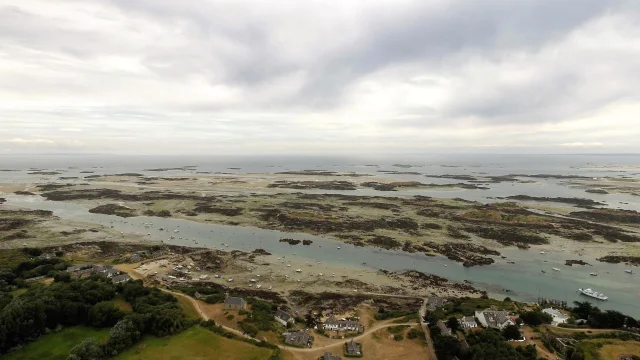 Aerial view of an estuary with islands and canals