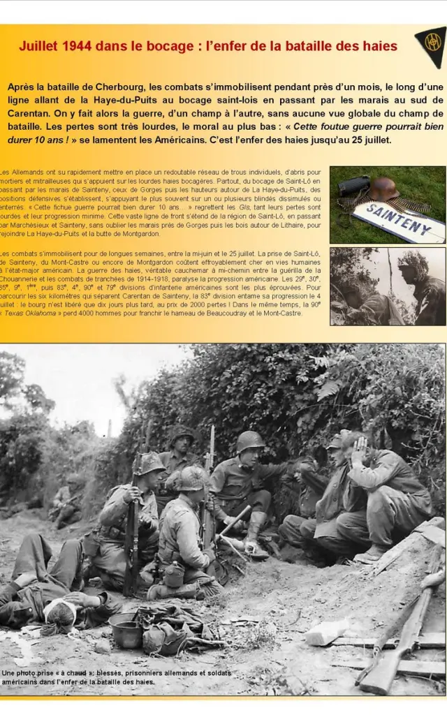 Soldats dans un champ de bataille en juillet 1944
