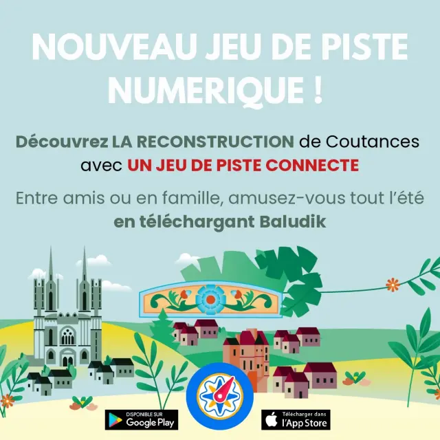 Affiche promotionnelle pour un jeu de piste numérique sur la reconstruction de Coutances