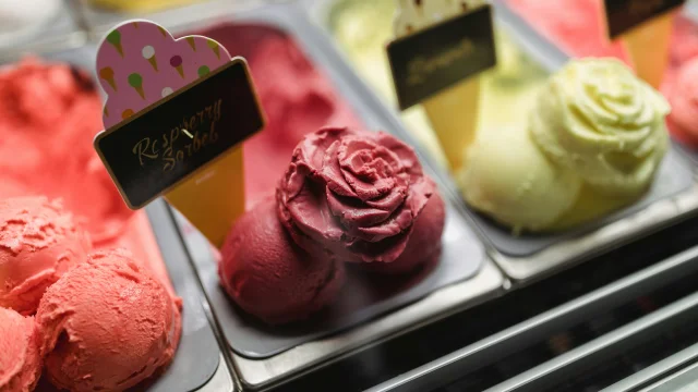 Différentes saveurs de glaces dans un bac réfrigéré