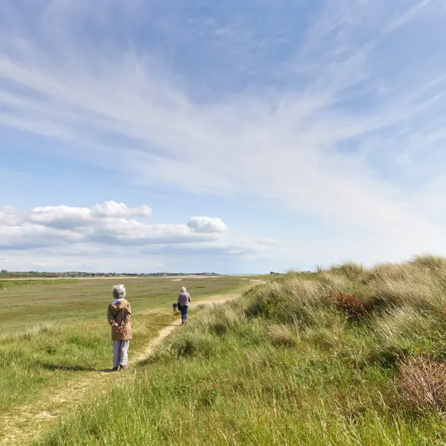 Une famille marche sur un sentier dans les dunes à Blainville Sur Mer