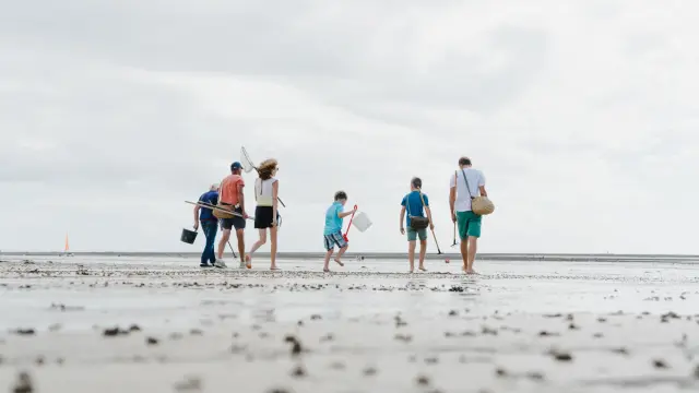 Une famille marche sur une plage à la recherche de coquillages