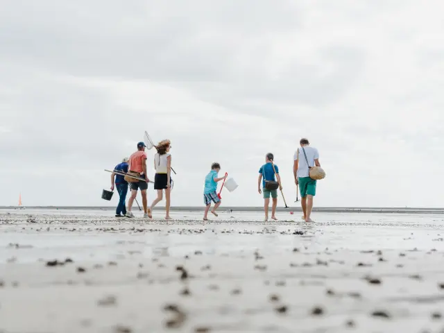Une famille marche sur une plage à la recherche de coquillages