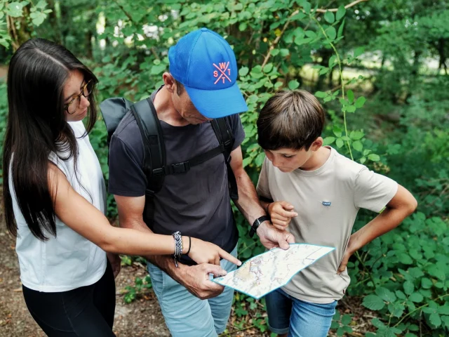 Three people hiking in the forest