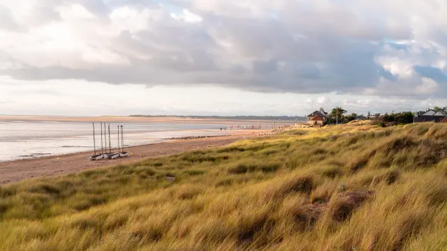 Verlassener Strand mit hohem Gras und bewölktem Himmel