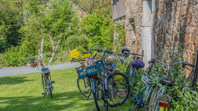 Plusieurs vélos appuyés contre un mur de pierre dans un jardin dans le bocage, campagne