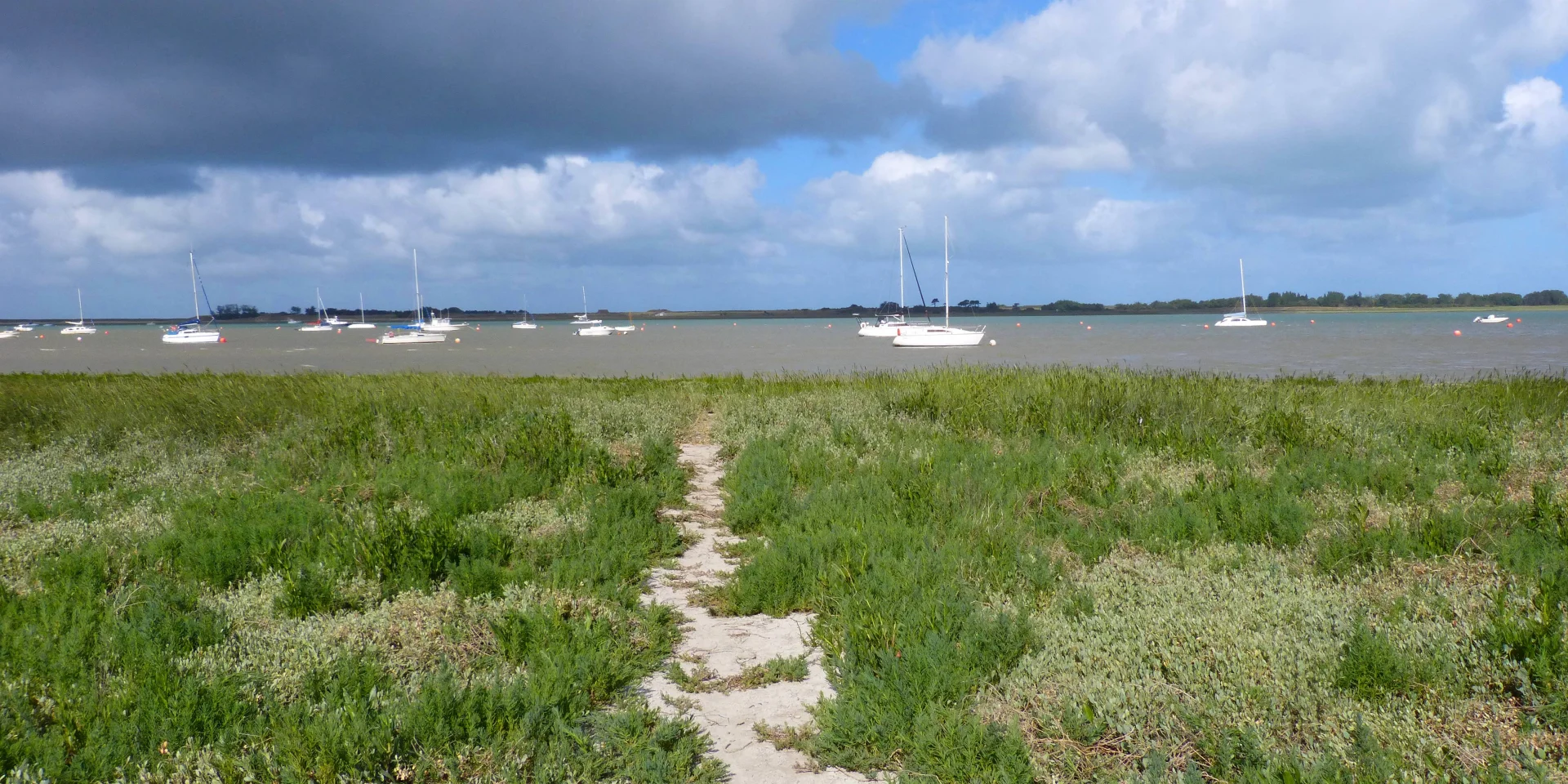 Sand path leading to a body of water with boats in the distance