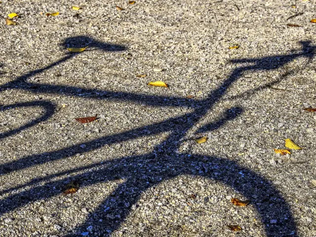 Ombre d'un vélo sur une surface de gravier