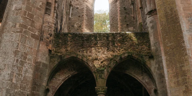 Une femme en robe bleue et chapeau large se tient dans une ruine de l'Abbaye de Hambye