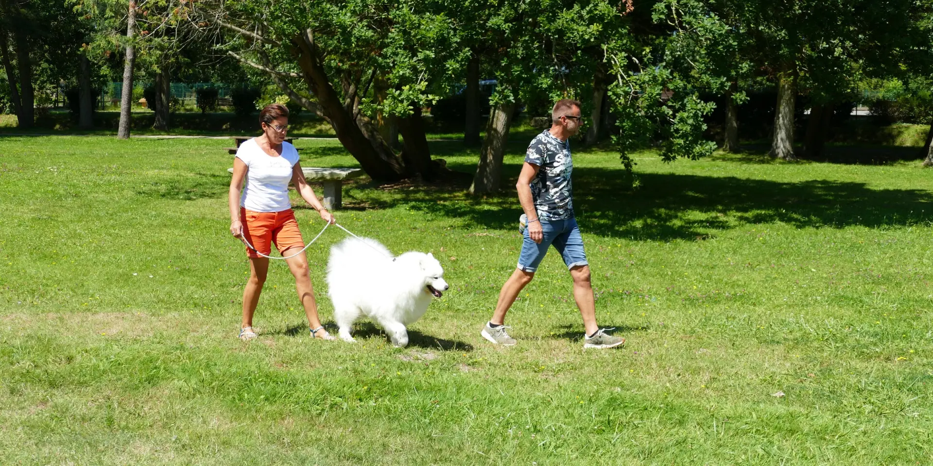 Deux personnes marchent avec un chien blanc dans un parc à Agon-Coutainville